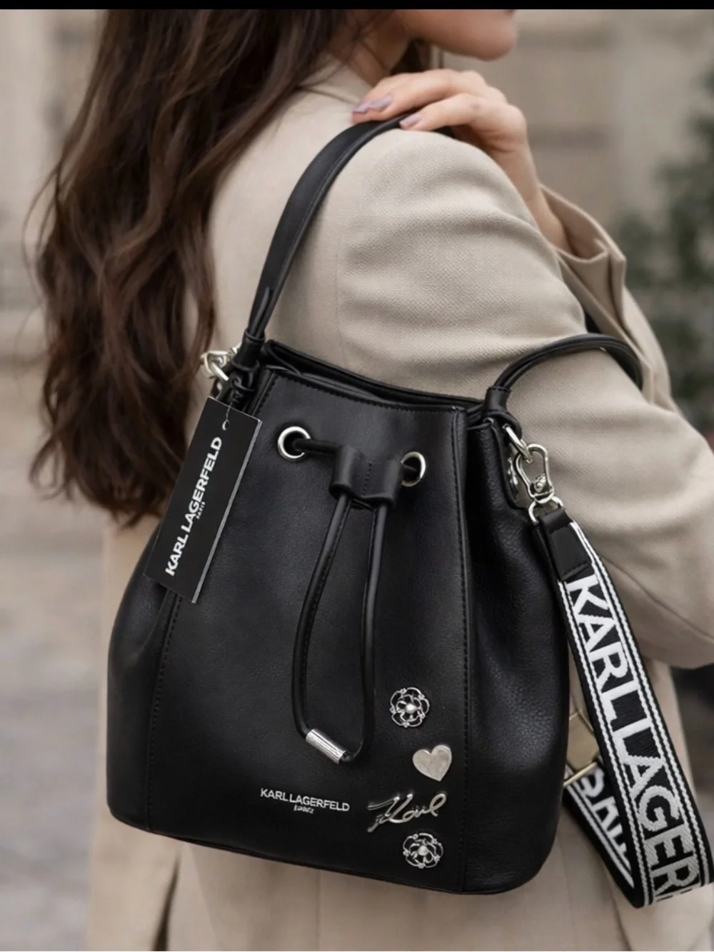 Karl Lagerfeld Black Leather Drawstring Hobo with Logo Strap